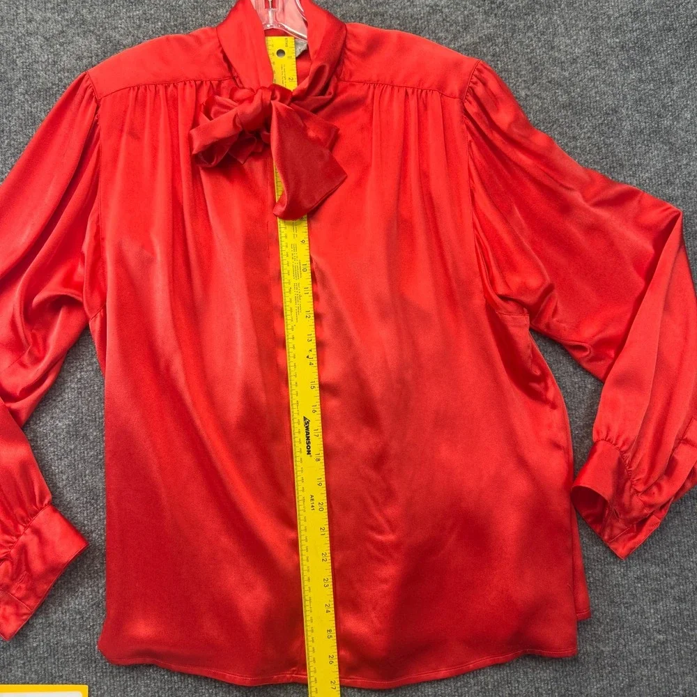 Vtg EVAN-PICONE Shirt Top Womens 12 Red Pus*y Tie Neck Long Sleeve Button Front